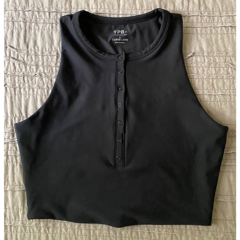 Abercrombie YPB Black High Neck Curve Love Snap Front Womens Size L Crop Tank
